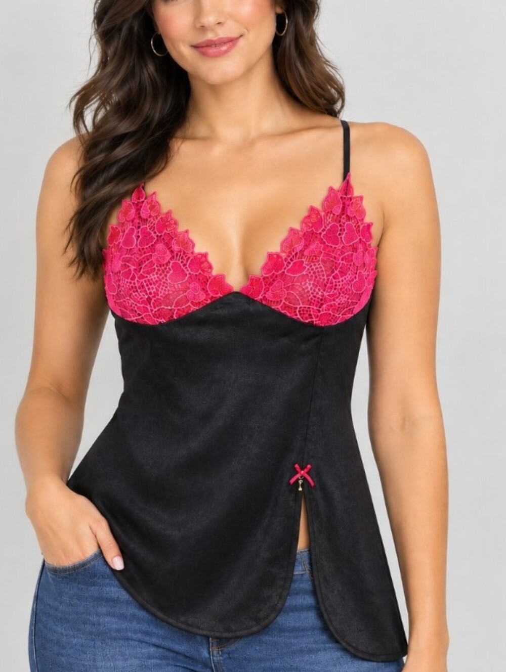 Vintage Y2K La Vie En Rose Black Satin & Red Lace Camisole Top